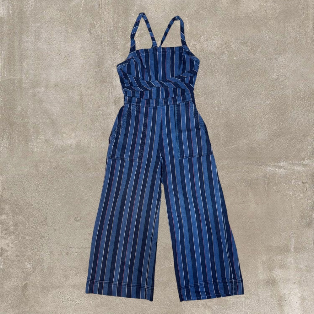 By Anthropologie Striped Denim Jumpsuit | Wide Leg Cropped Romper Size 2